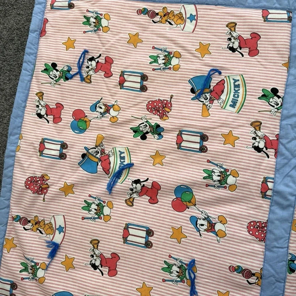 VTG Baby Blanket Quilt 46x29 Disney Mickey Mouse Donald Duck Goofy Pluto